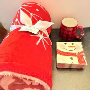 Hallmark Festive Red Snowman Throw Blanket with mug and napkins.